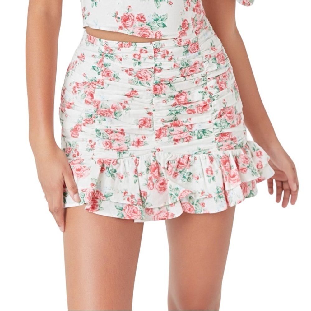 Endless Rose Revolve Linen Ruched Draped Ruffle Hem Mini Skirt